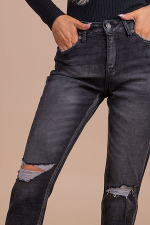 Distressed Faded Black Denim Jeans For Women