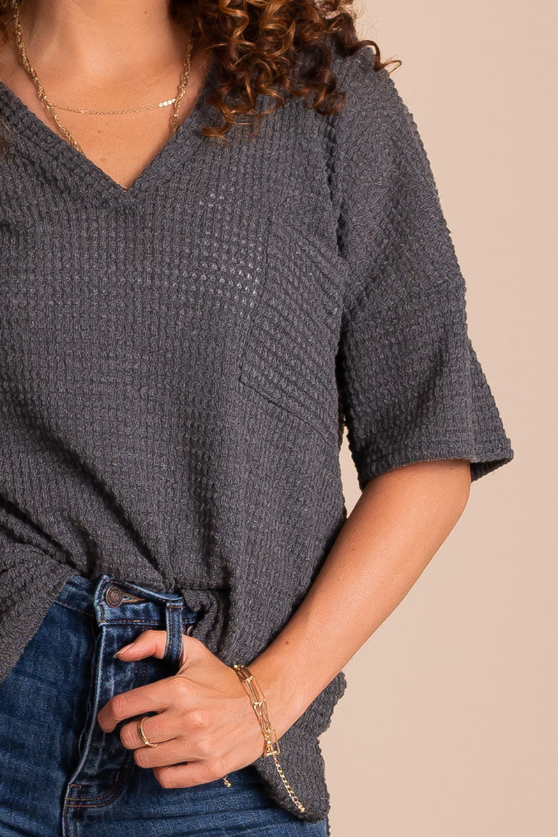 Women's Short Sleeve Knit Top with Pocket in Charcoal Gray