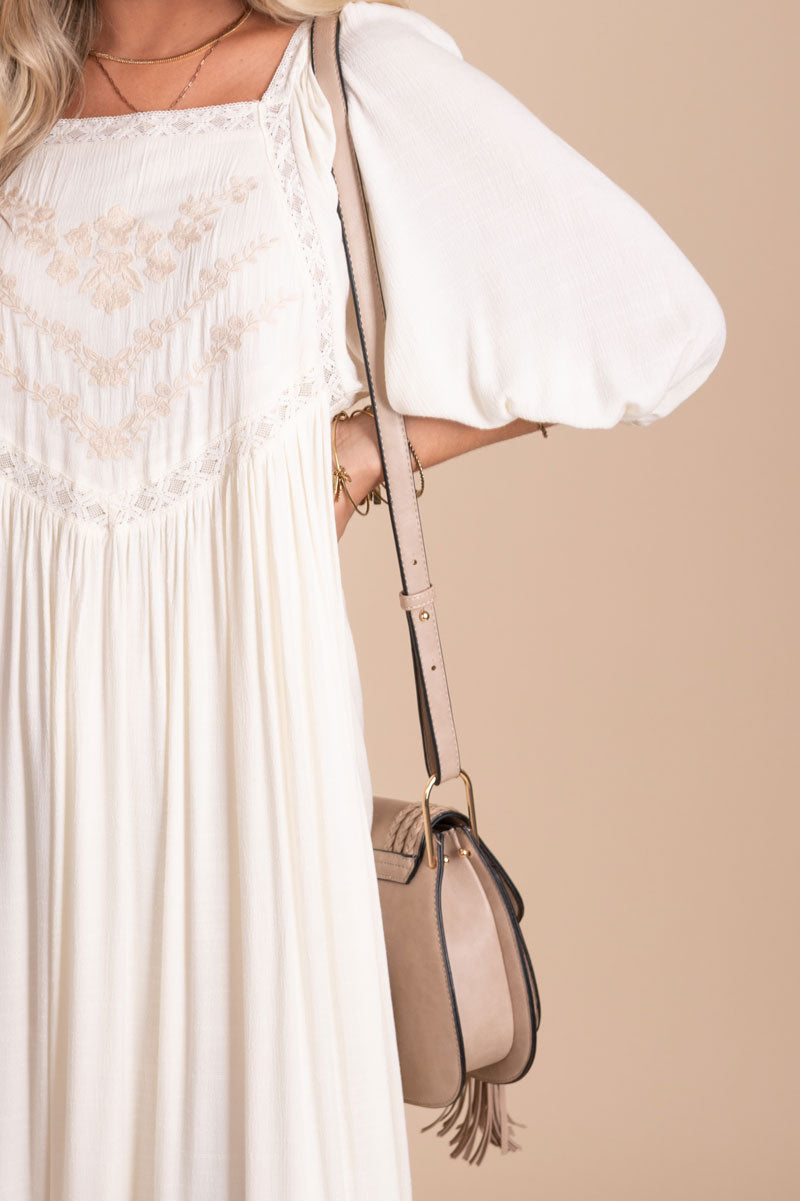women's midi length peasant style cream dress