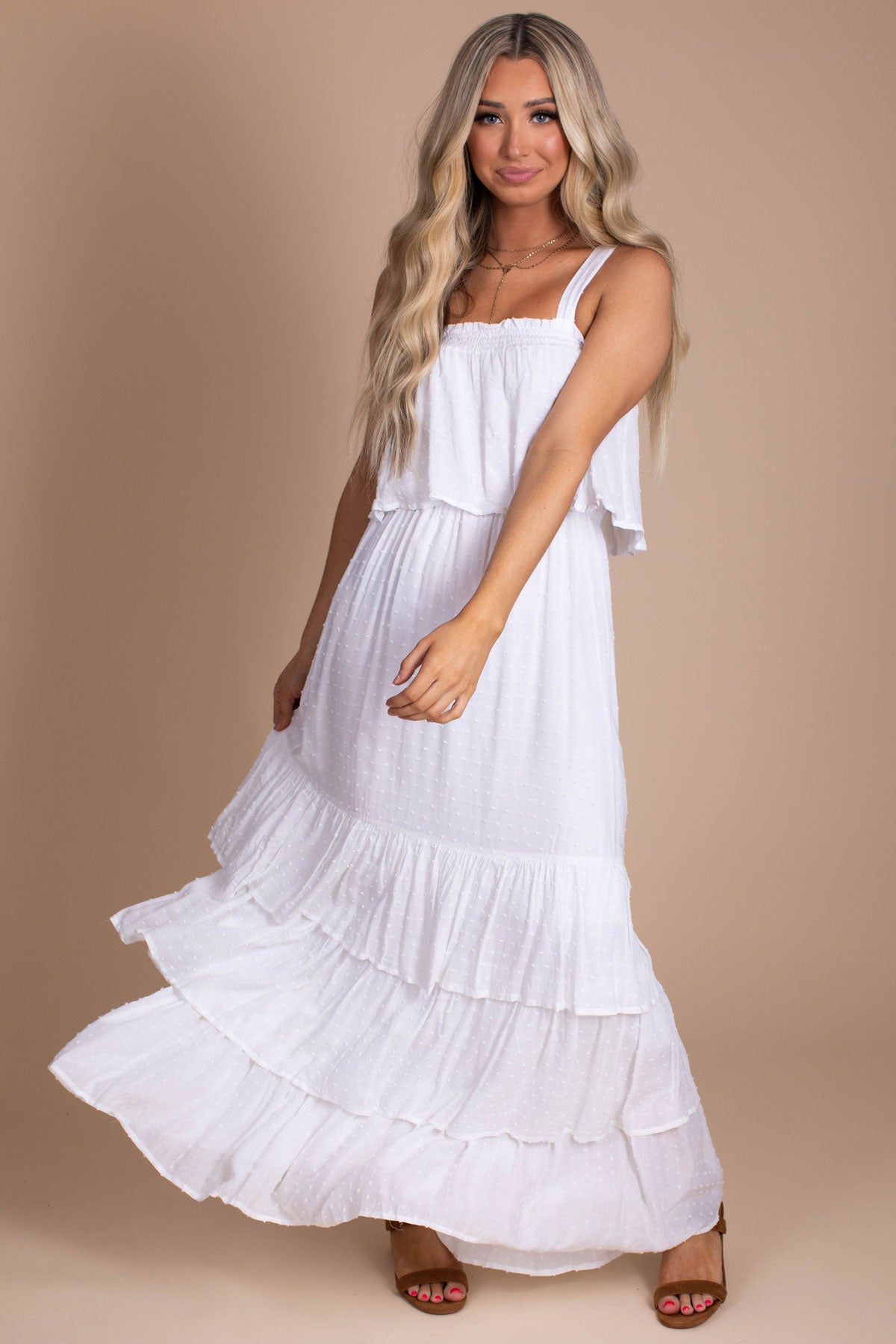 White Dress for Women with Tiered Skirt
