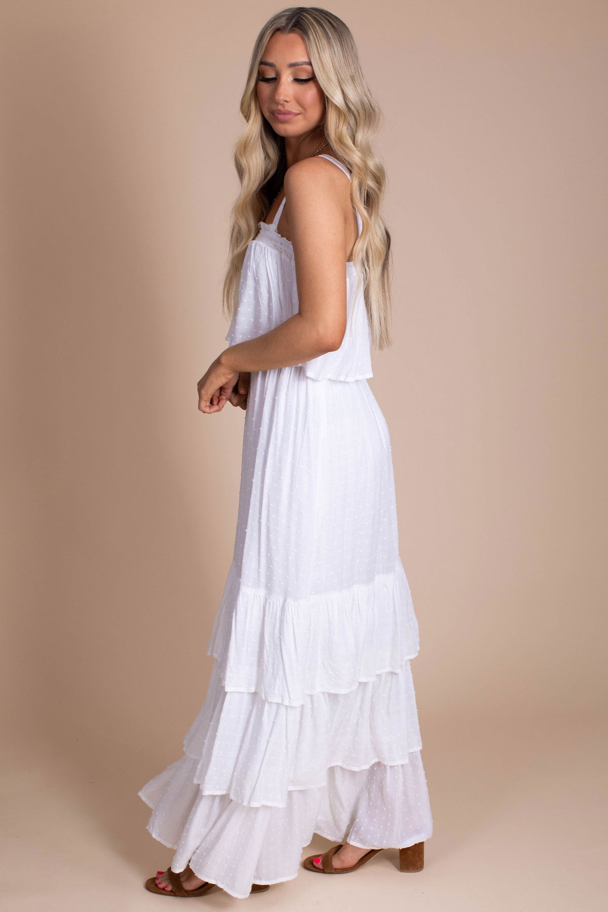 Tiered Skirt White Maxi Dress with Straps