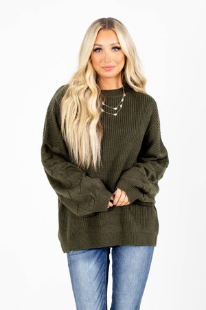 Green Textured Sleeve Boutique Sweaters for Women