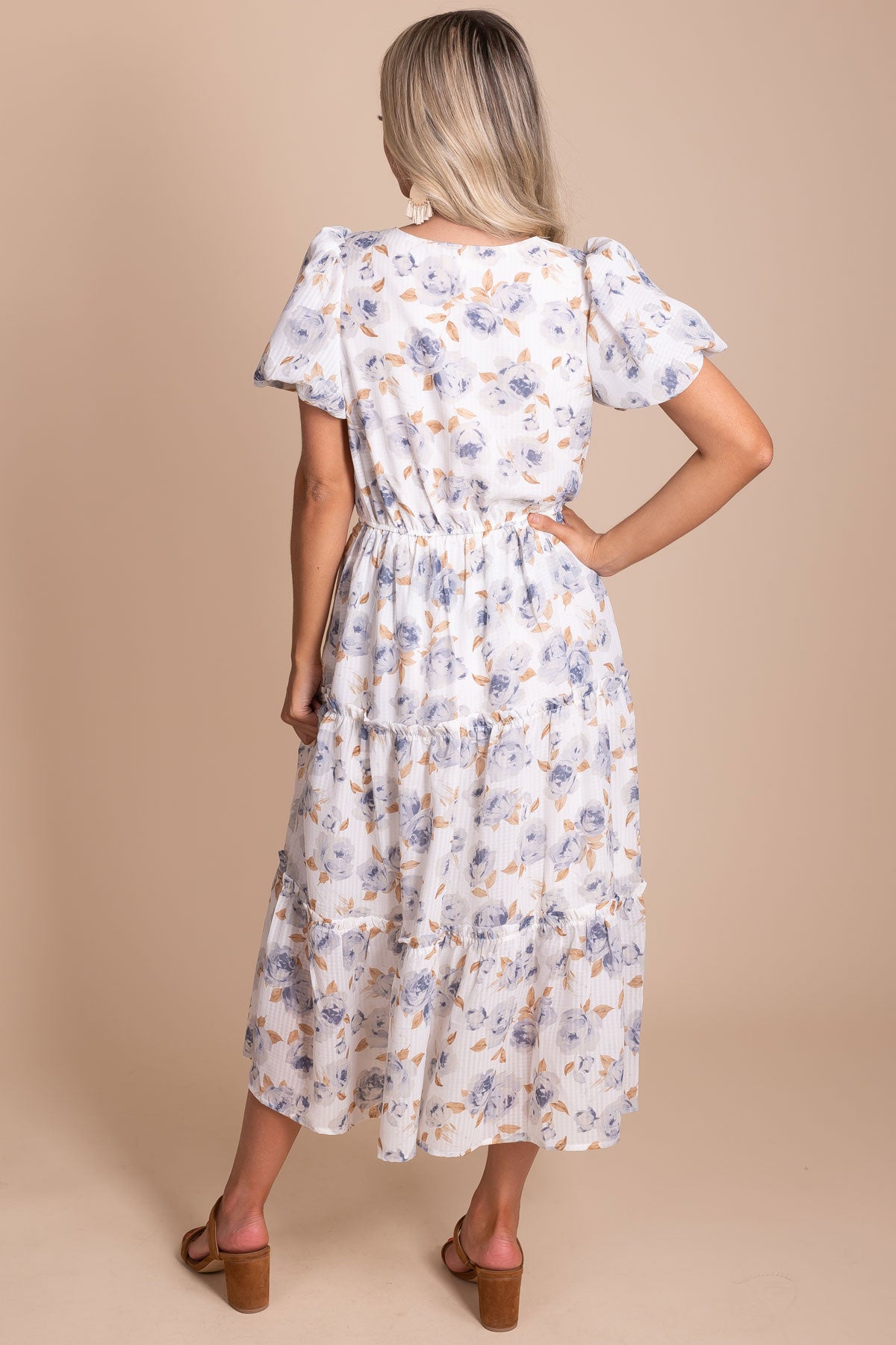women's boutique floral puff sleeve plaid mini dress