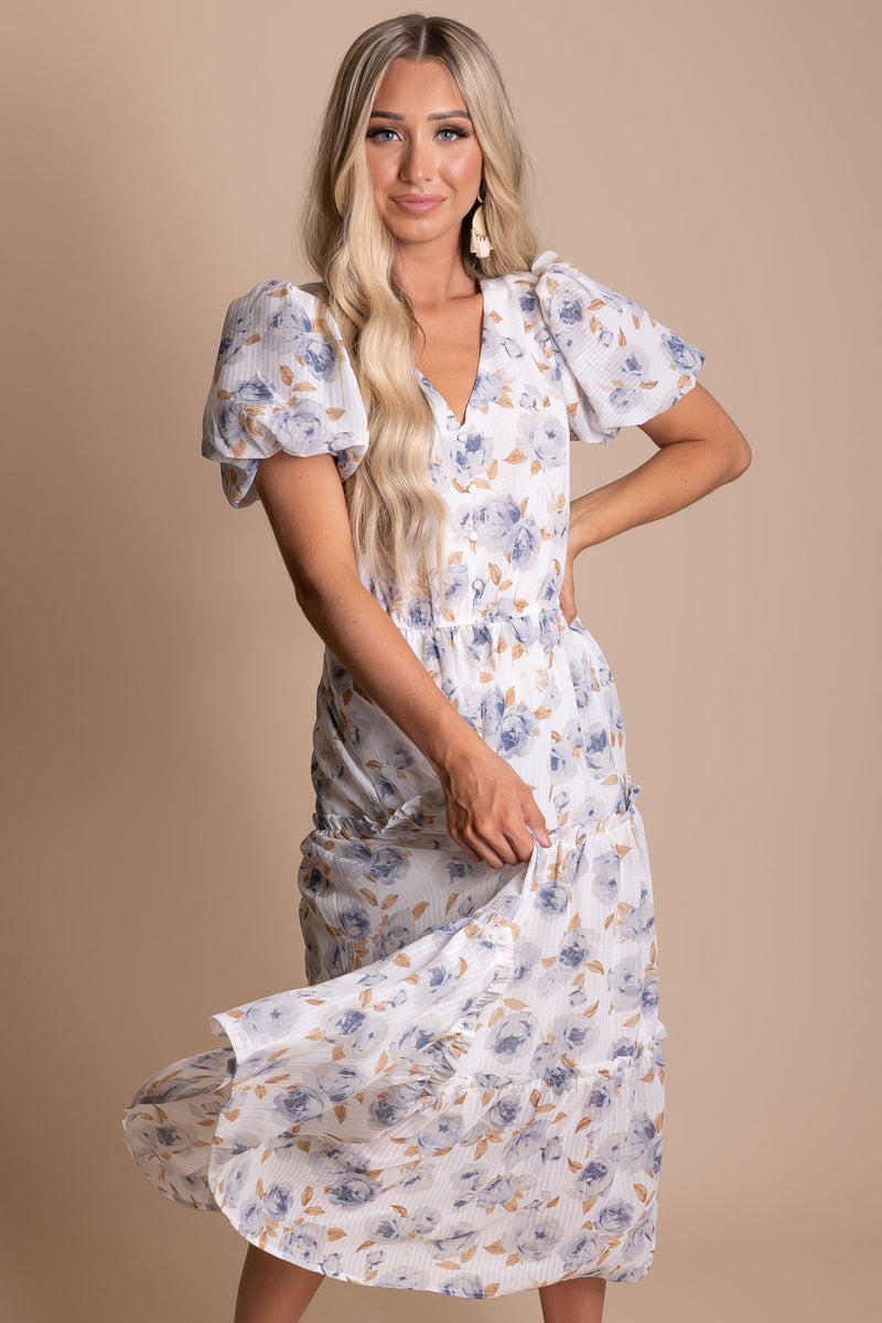 Falling For Florals Puff Sleeve Midi Dress - Off White