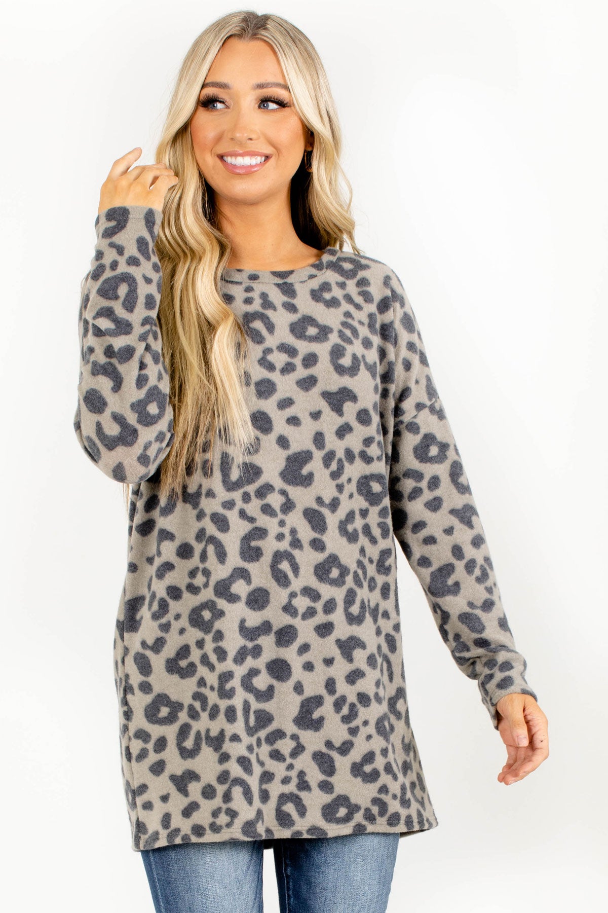 Olive Long Sleeve Top with Leopard Print for Women