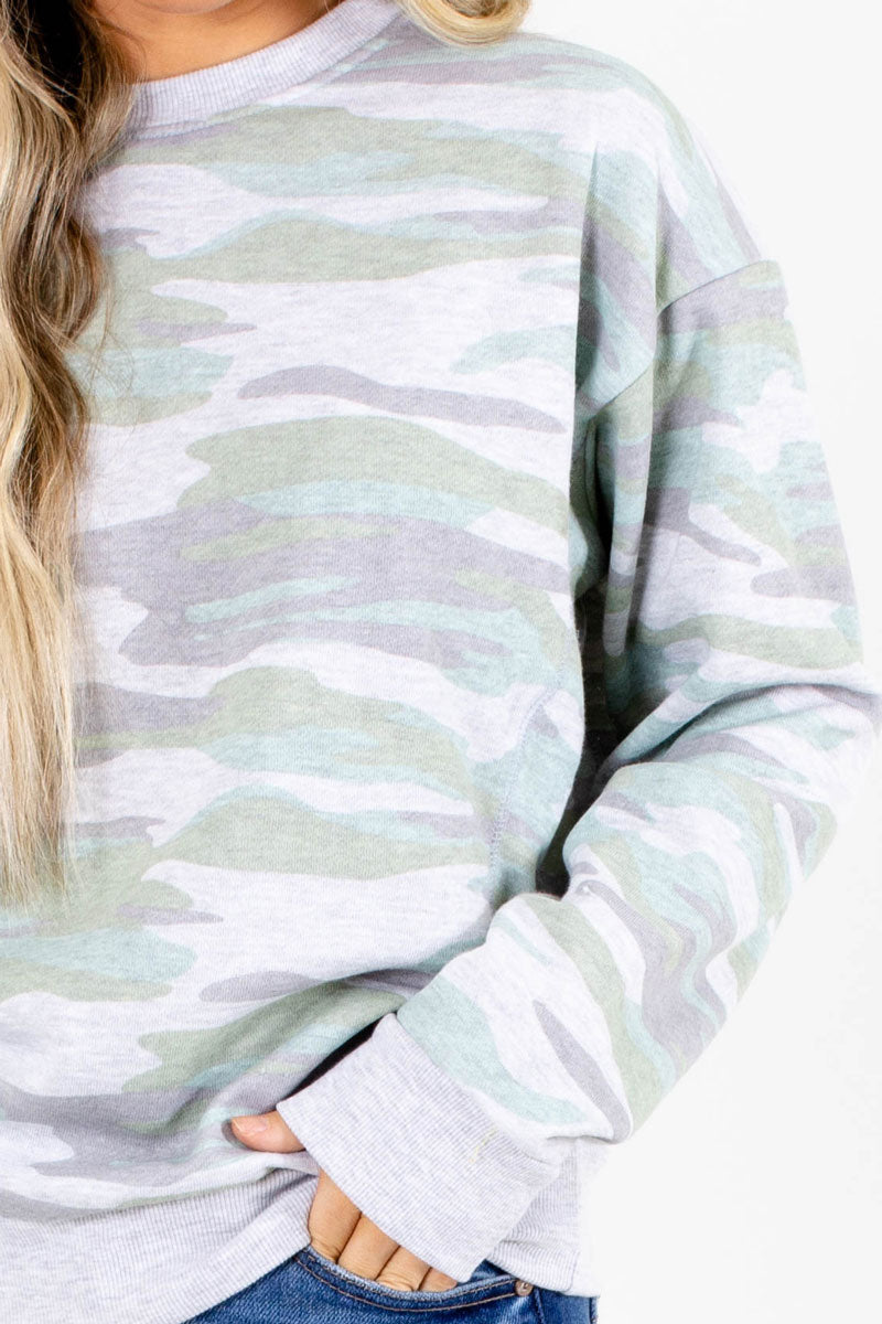 women's light green camo print sweater