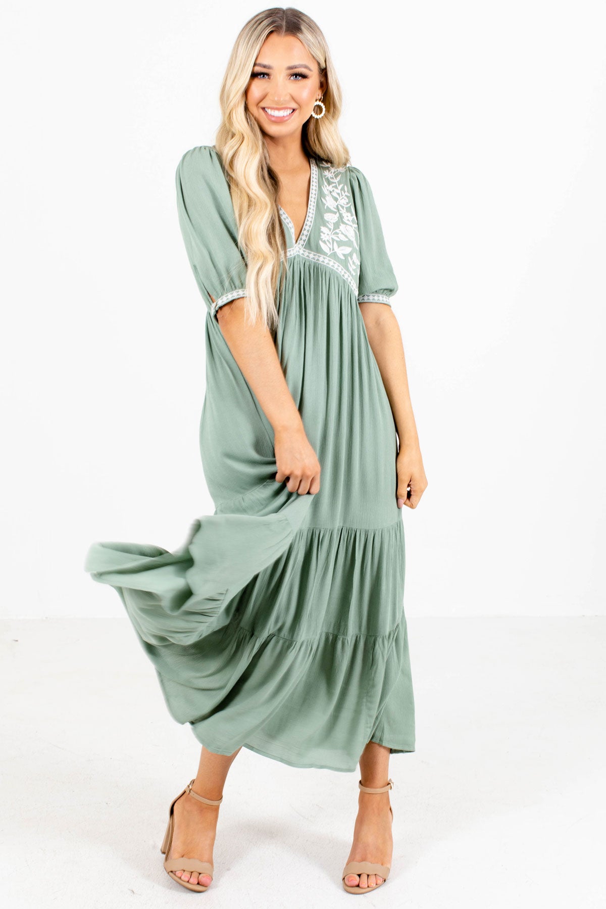 Women's Embroidered Sage Green Long Dress