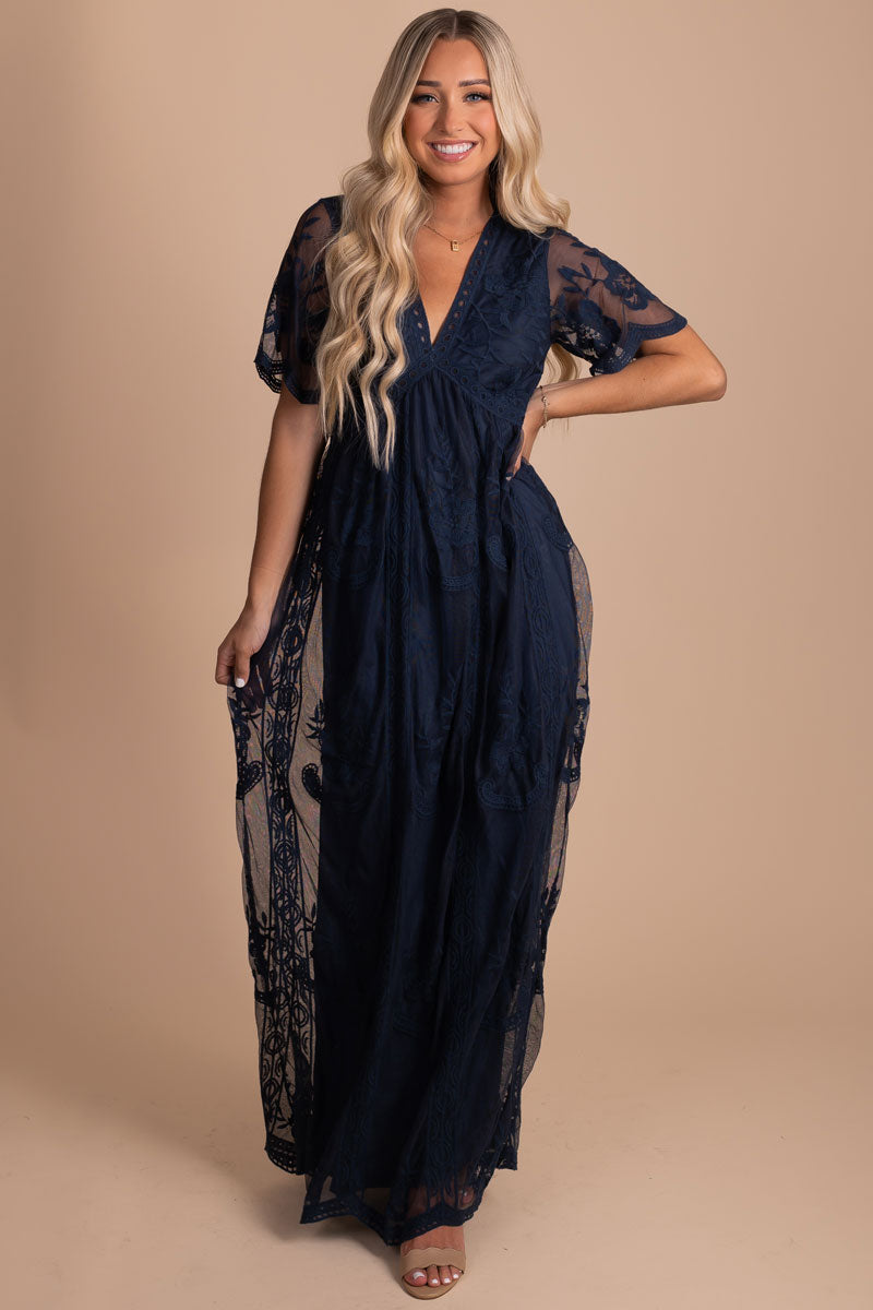 Women's Dark Blue Lace Maxi Dress