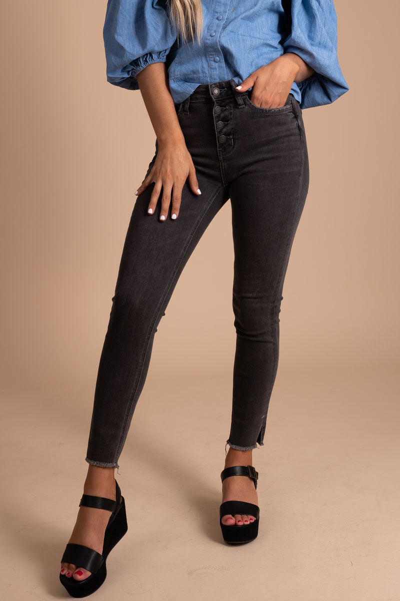 Women's Black Ankle Length Button Fly Denim Jeans