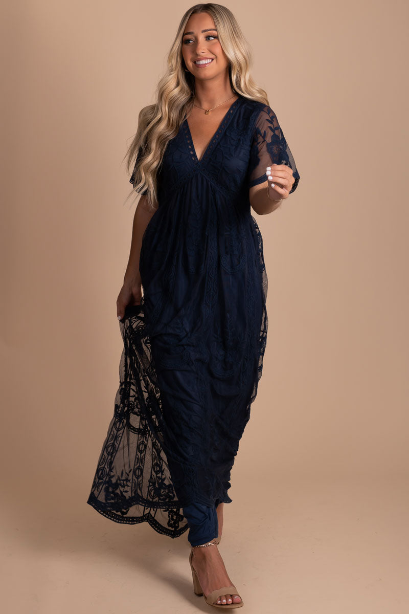 Boutique Women's Affordable Trendy Dark Blue Maxi Dress for All Seasons