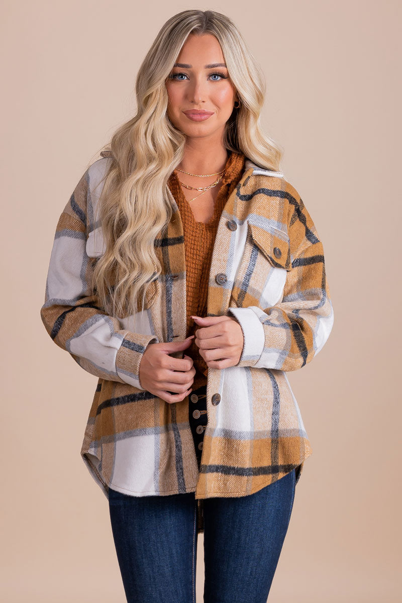 women's plaid button up shacket for fall