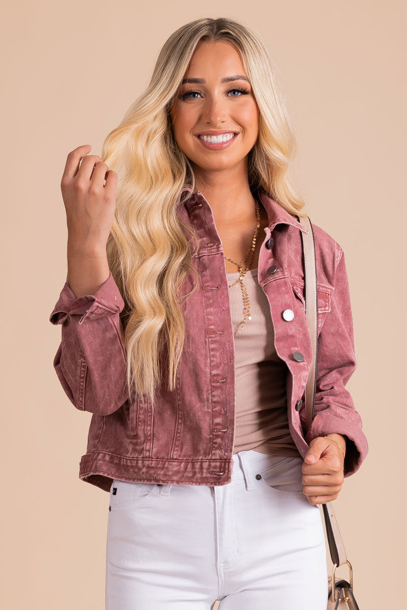 women's pink cropped denim jacket for fall