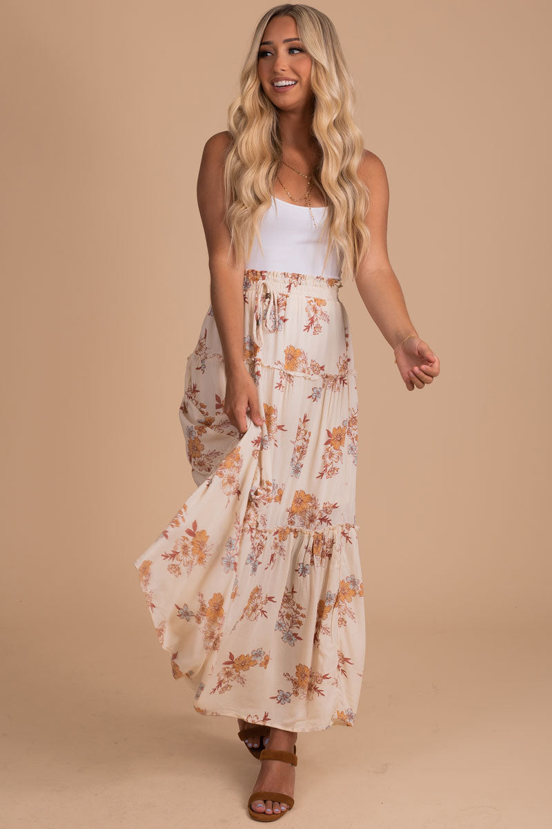 boutique women's floral tiered maxi skirt for summer