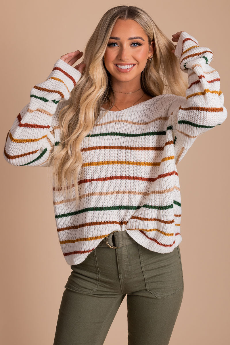 women's colorful striped off white sweater