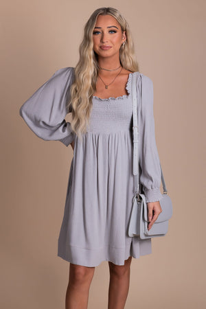 boutique light gray ruched bodice mini dress