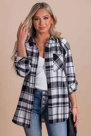 black and white plaid button up top
