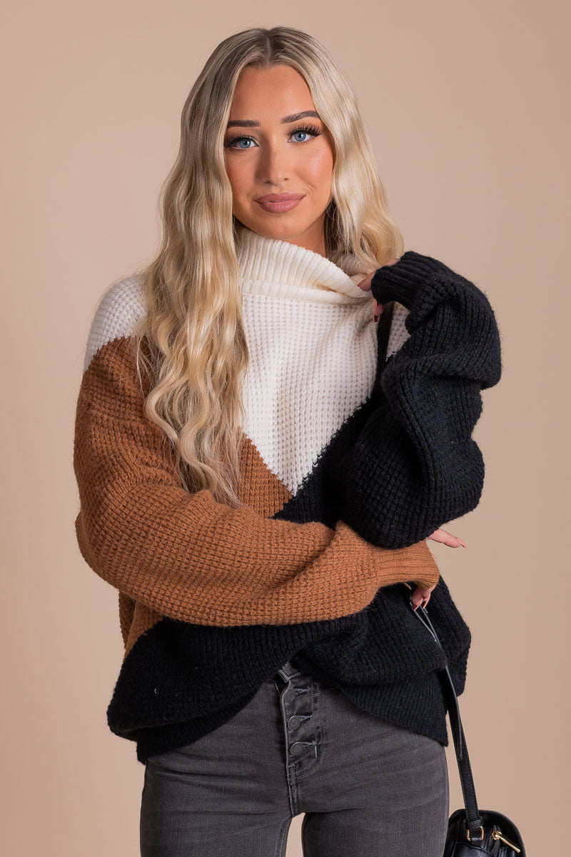 women's brown and black color block sweater