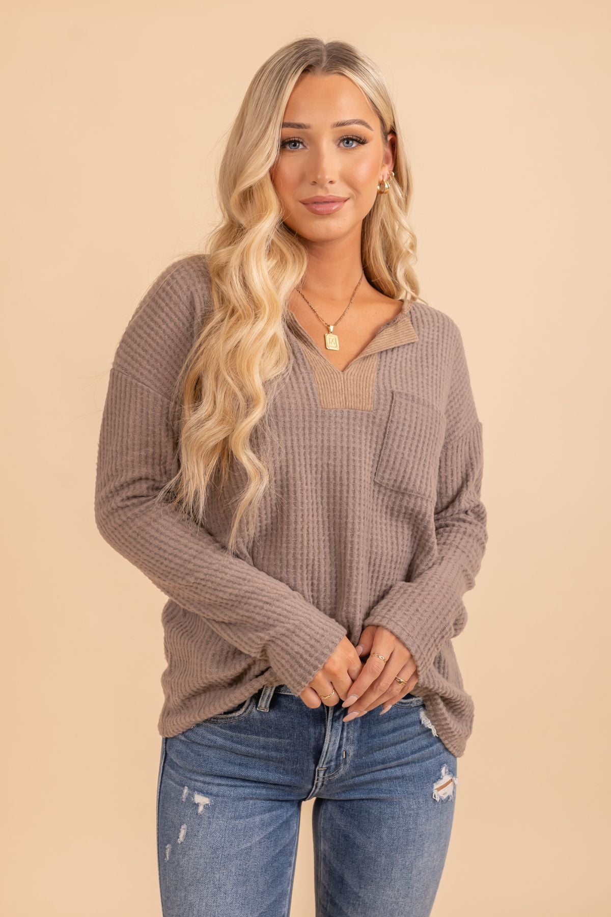 Brown long sleeve waffle knit top 