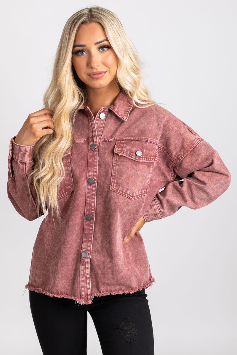 women's pink acid wash denim jacket for fall and winter