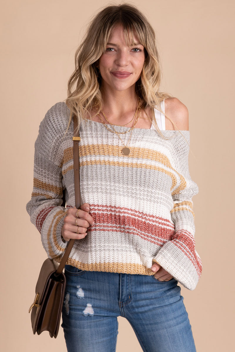 Never Too Late Striped Long Sleeve Sweater - Gray