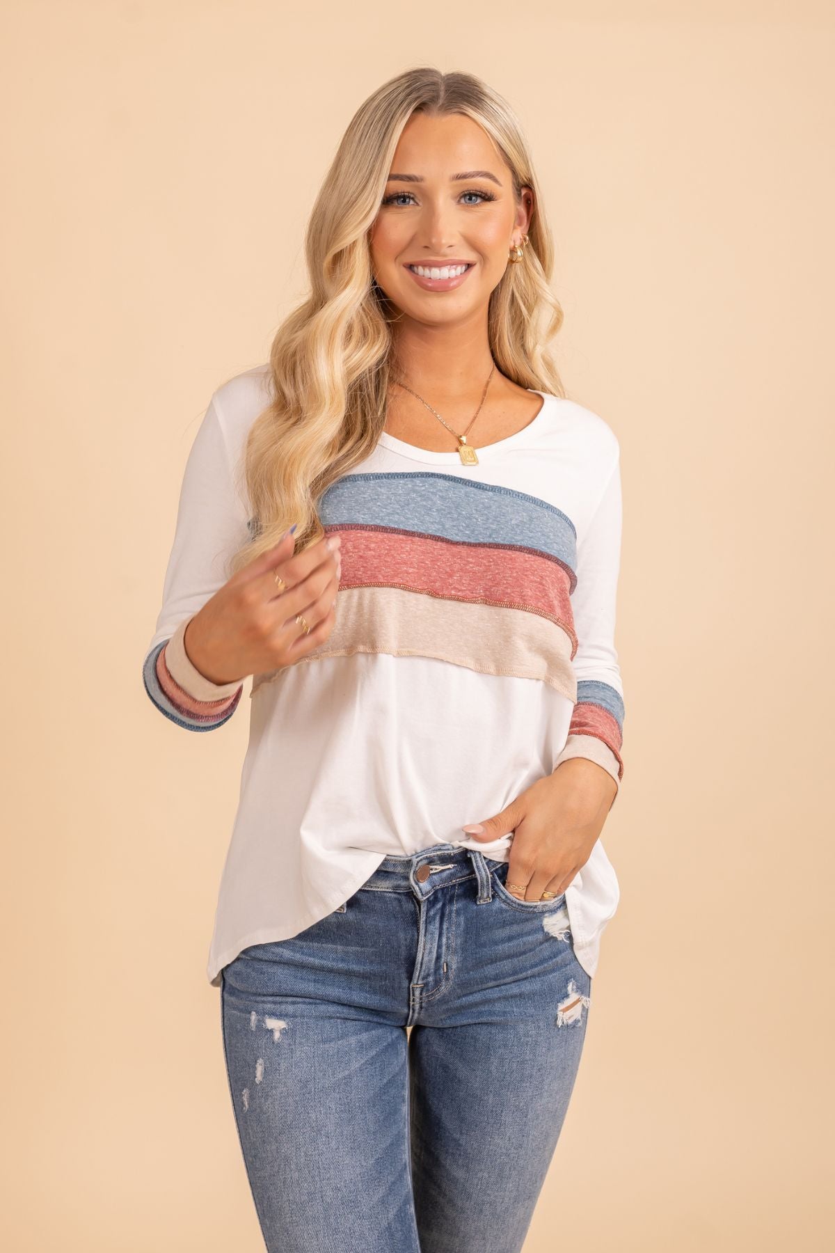 Color blocked striped long sleeve top