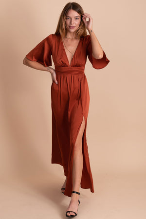 boutique womens brick red satin maxi dress for holidays and special occasions
