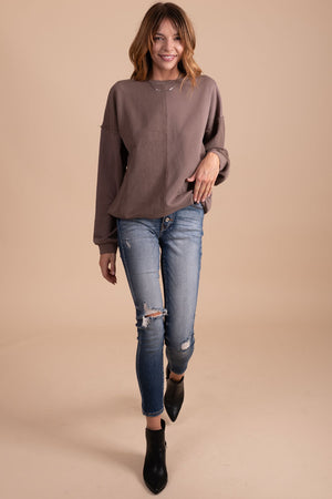 boutique women's long sleeve dark brown knit sweater