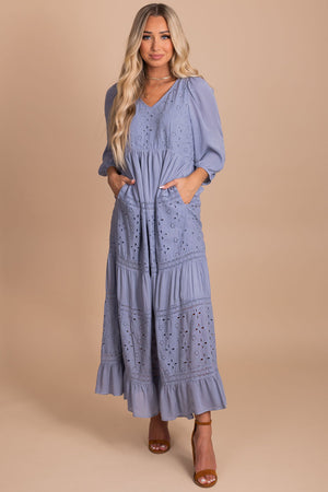 powder blue maxi dress with eyelet details and a keyhole back