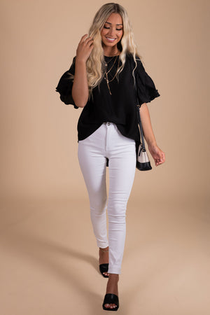 boutique women's black ruffle sleeve blouse