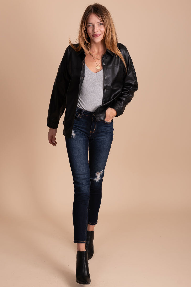 women's oversized faux leather shacket