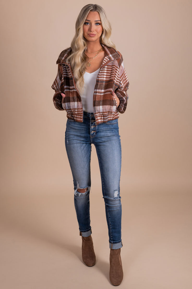 boutique brown and red plaid zip up jacket