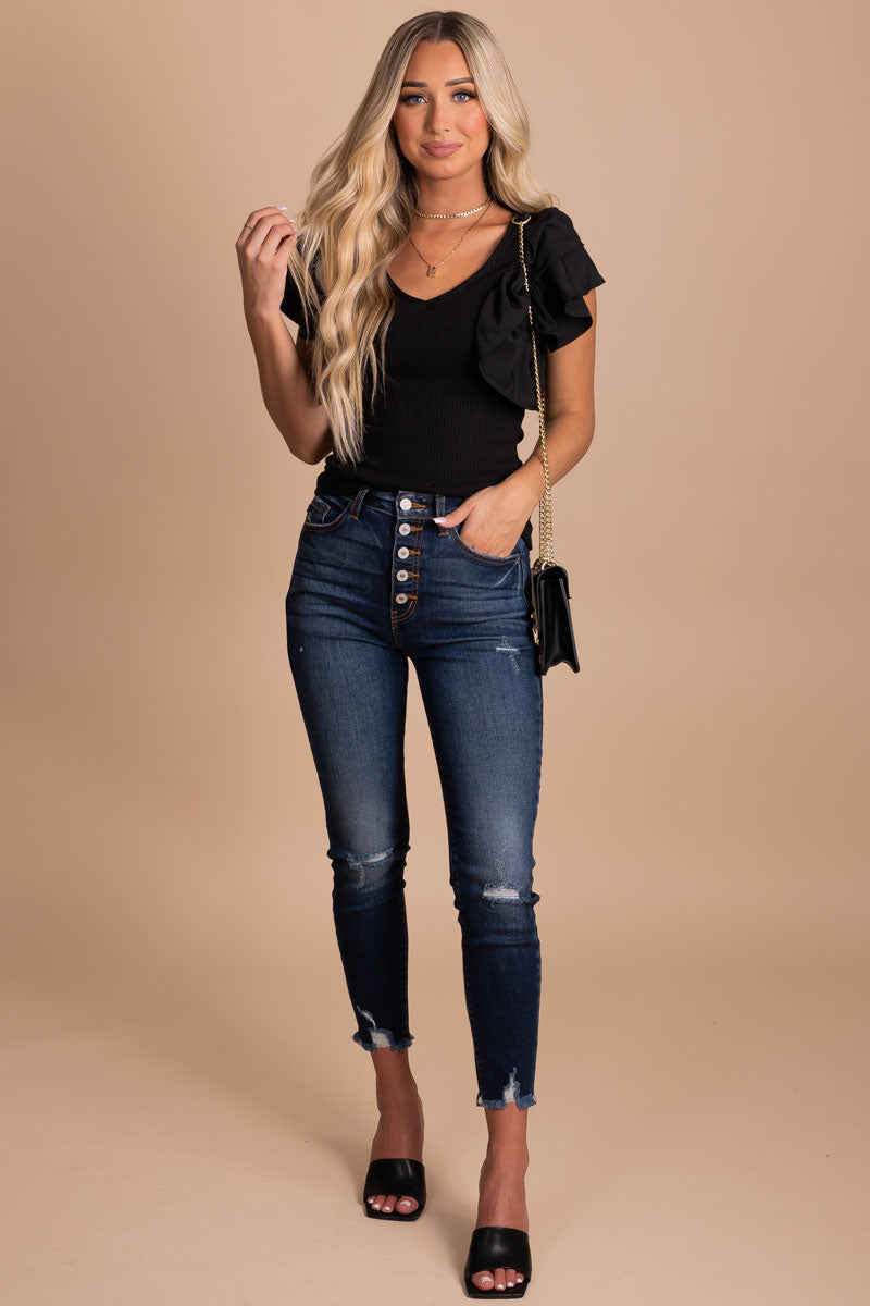 Black Tiered Ruffled Sleeve Boutique Tops for Women