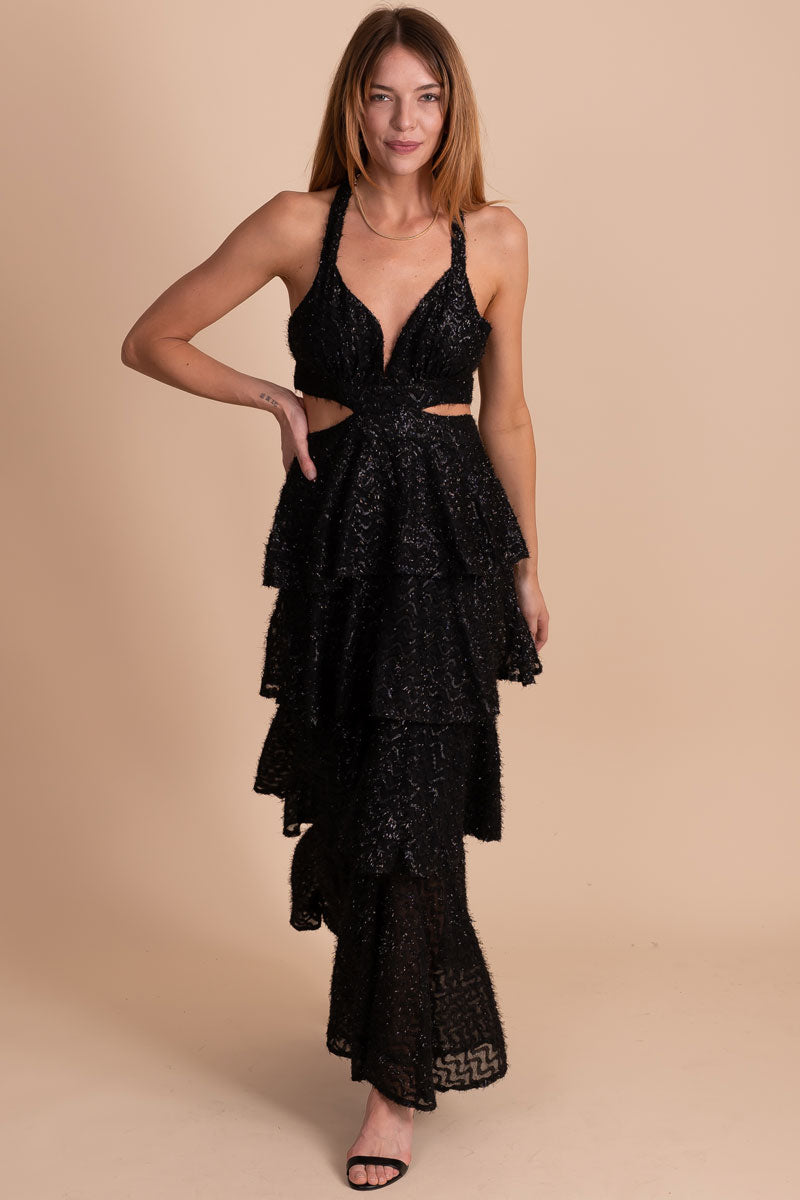 Weekend In Paris Tiered Shimmery Maxi Dress - Black