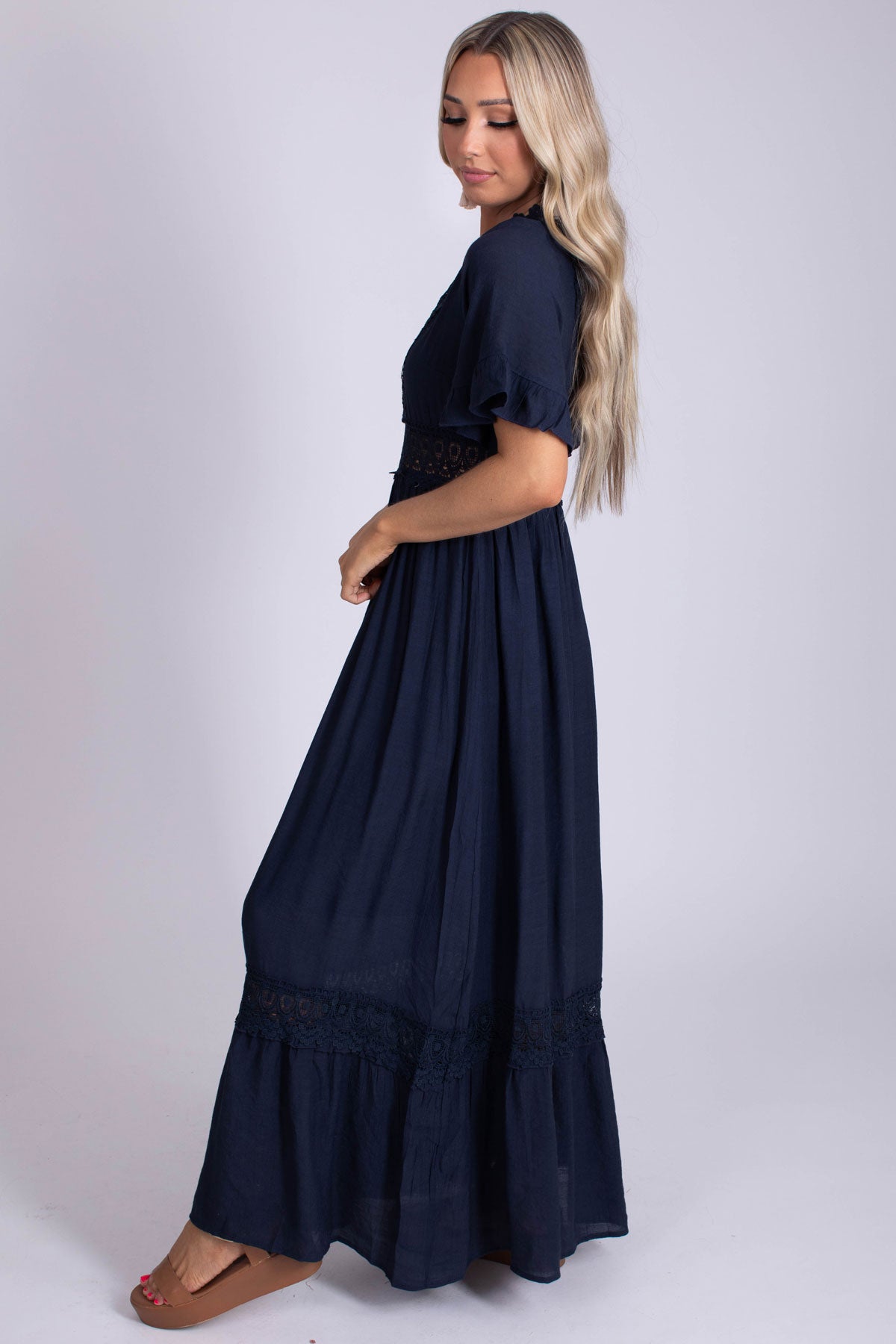 Long Length Dark Blue Tiered Maxi Dress
