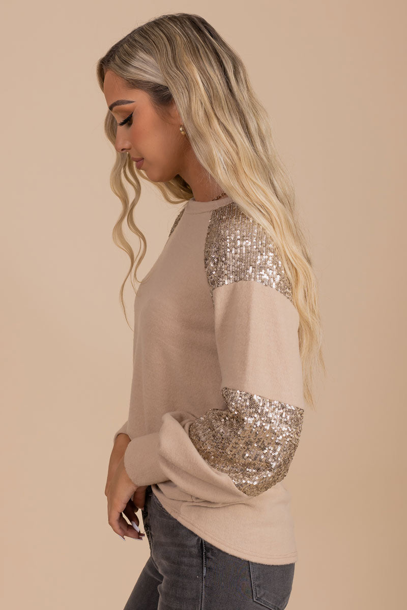 boutique women's holiday sequin detail top 
