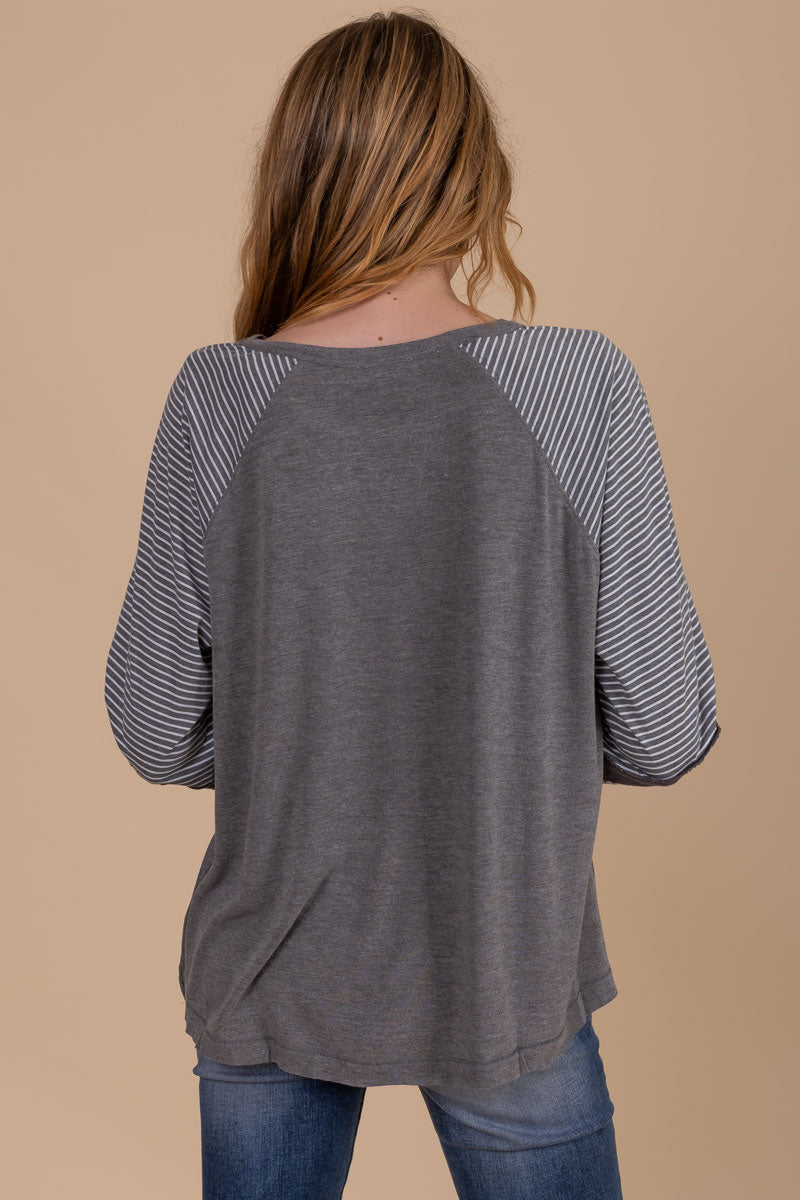 women's dark gray long sleeve top with striped and lace details