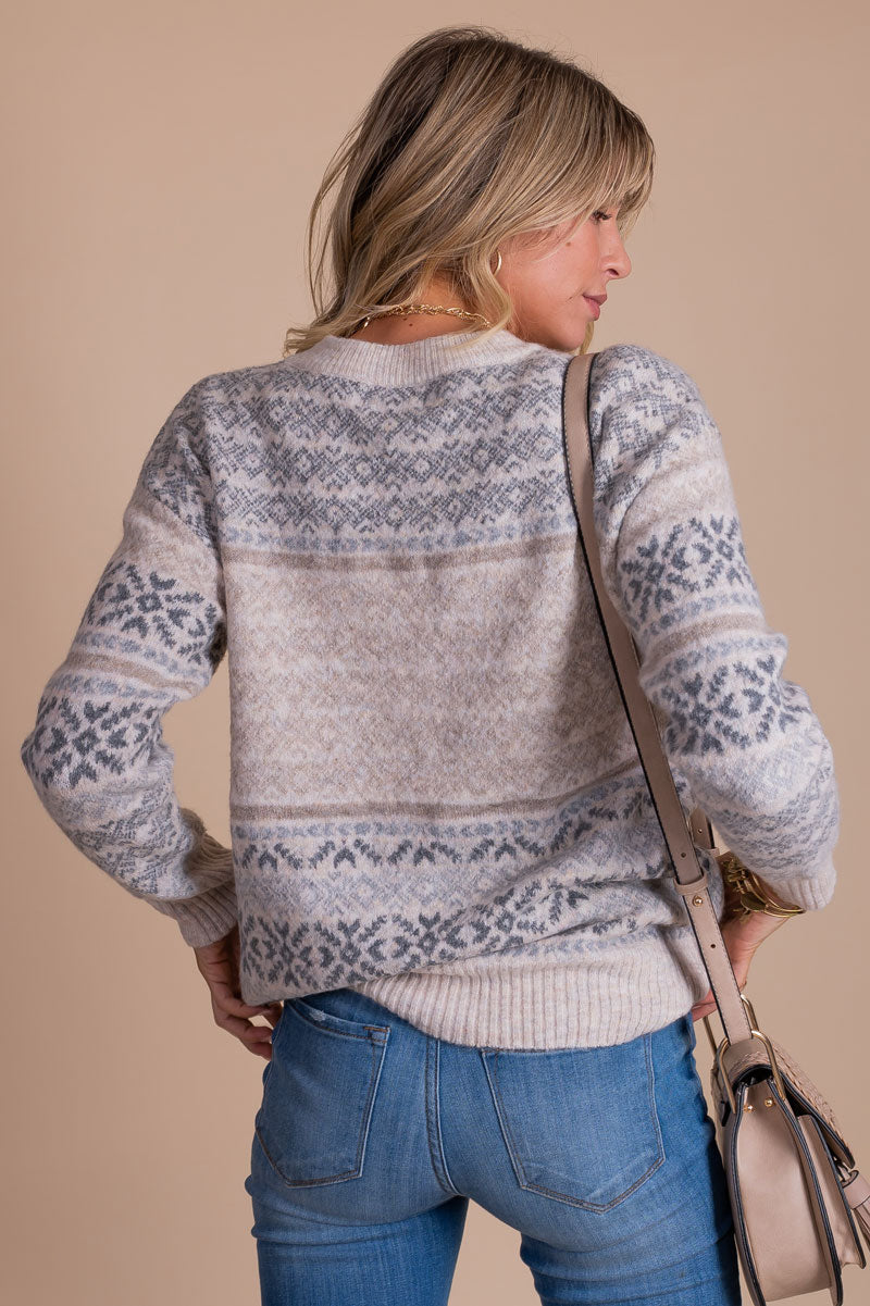women's gray and blue nordic print sweater
