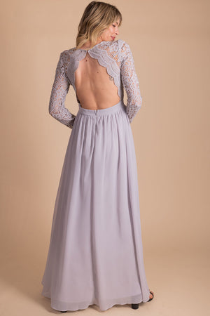 special occasion light gray open back dress