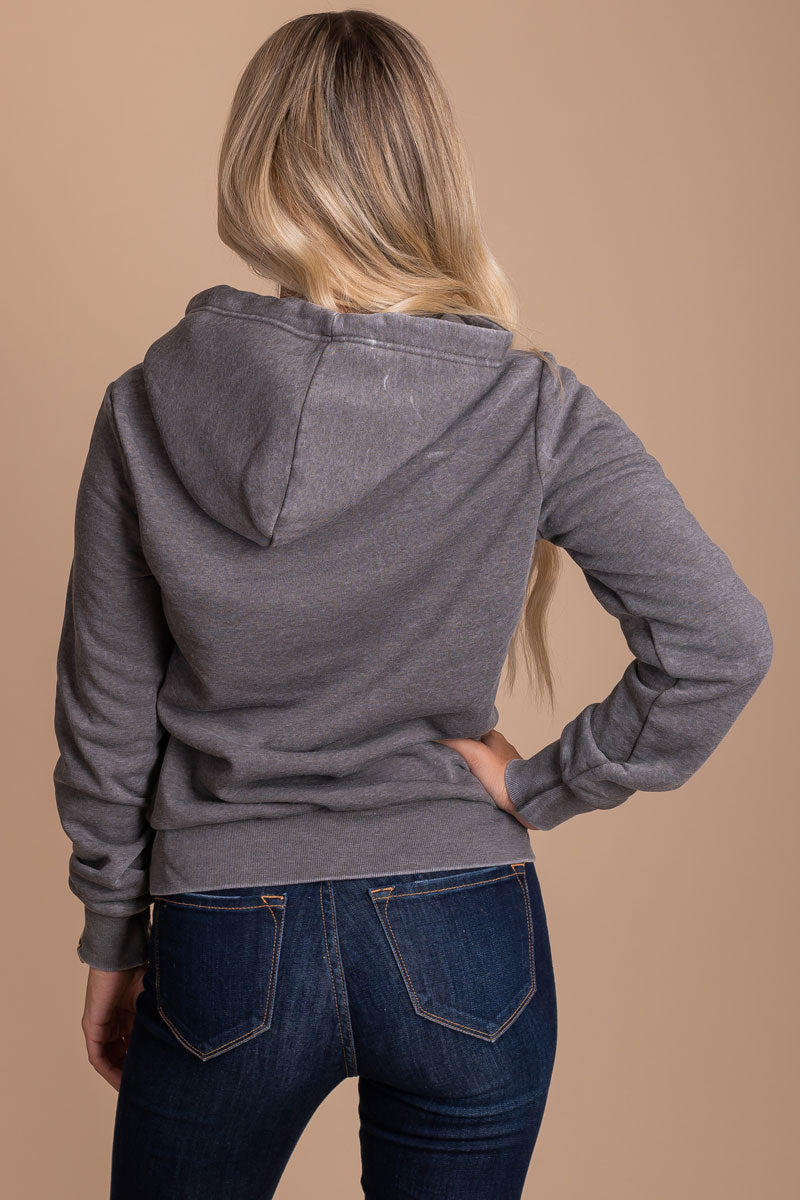 boutique women's light gray long sleeve hooded top