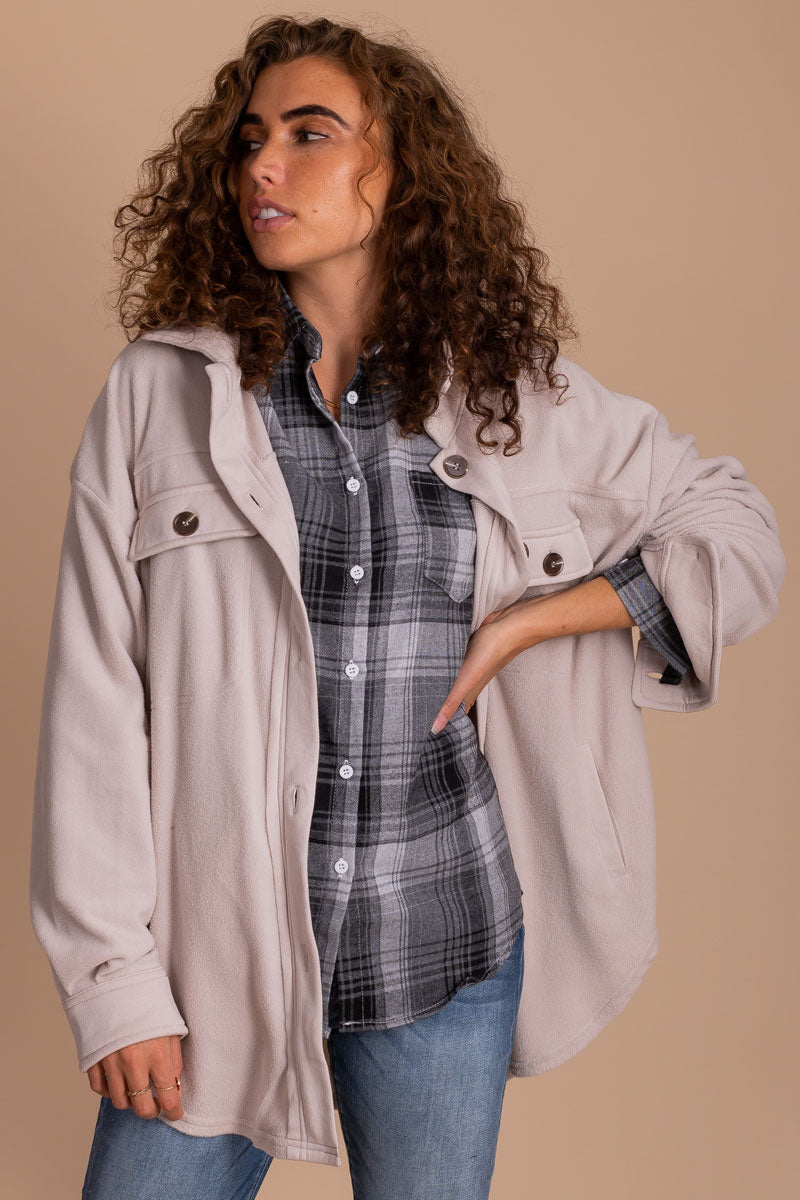Women's Fall Outfit with Gray Plaid Shirt Jacket