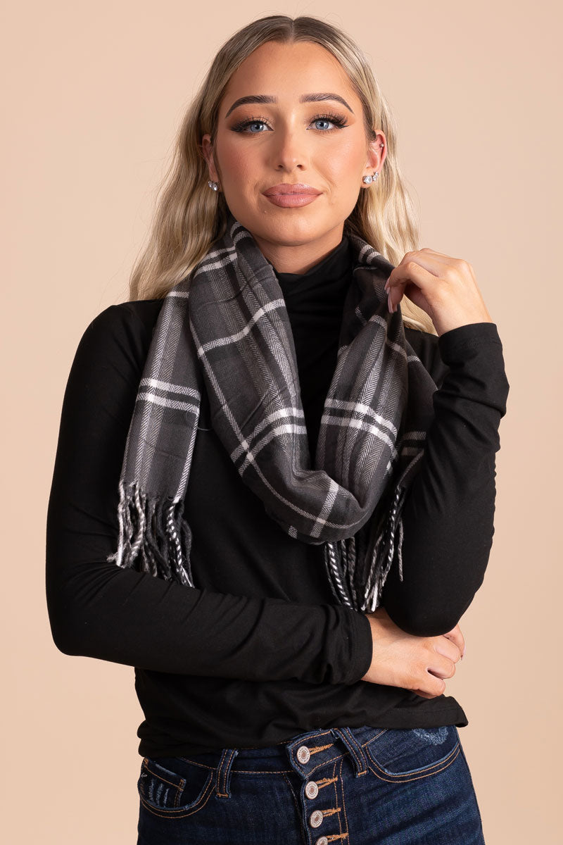 light gray and white plaid scarf