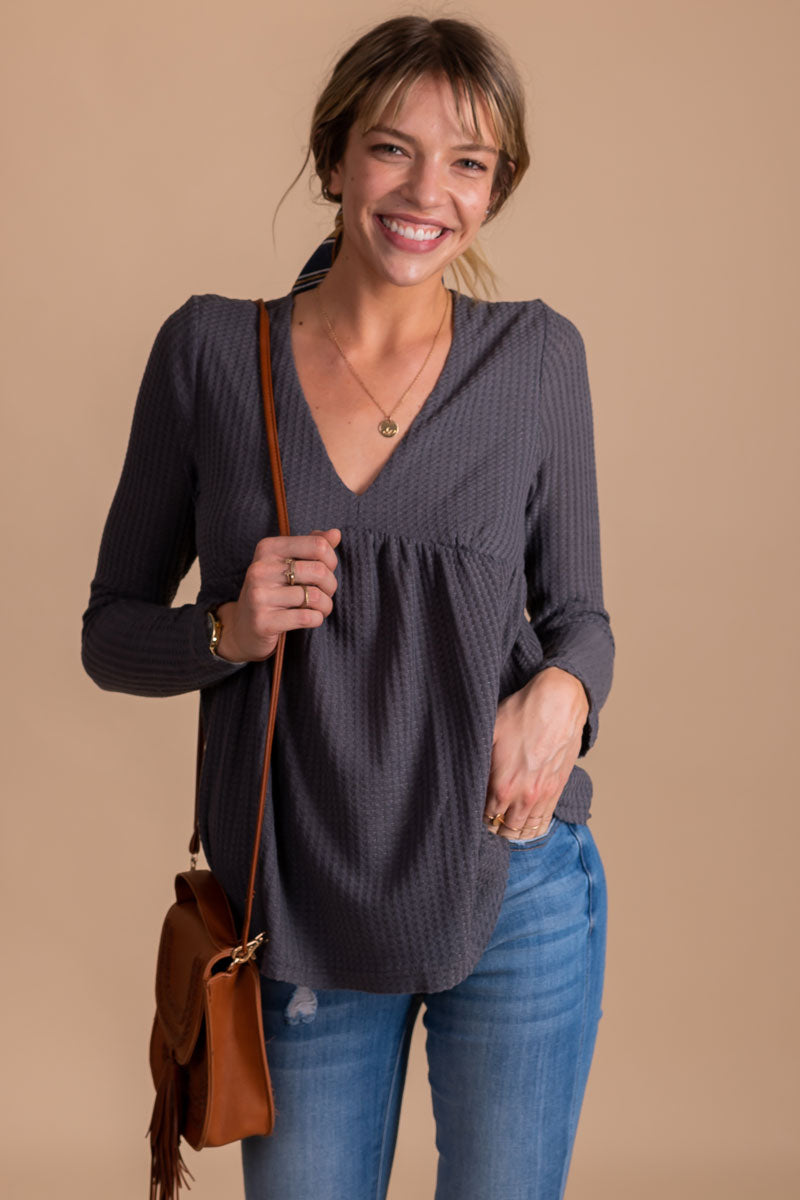 boutique dark charcoal gray waffle top for fall and winter