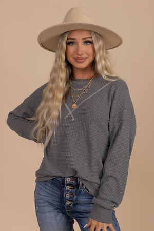 boutique women's long sleeve waffle top in olive