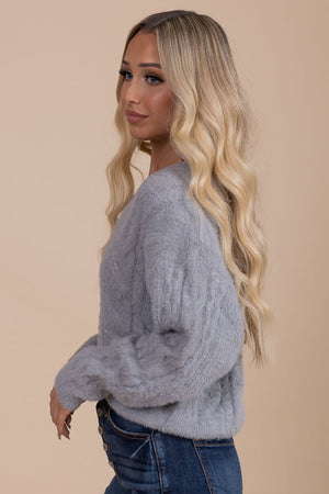 women's light gray fuzzy pullover sweater