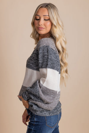 boutique women's gray striped pullover knit sweater