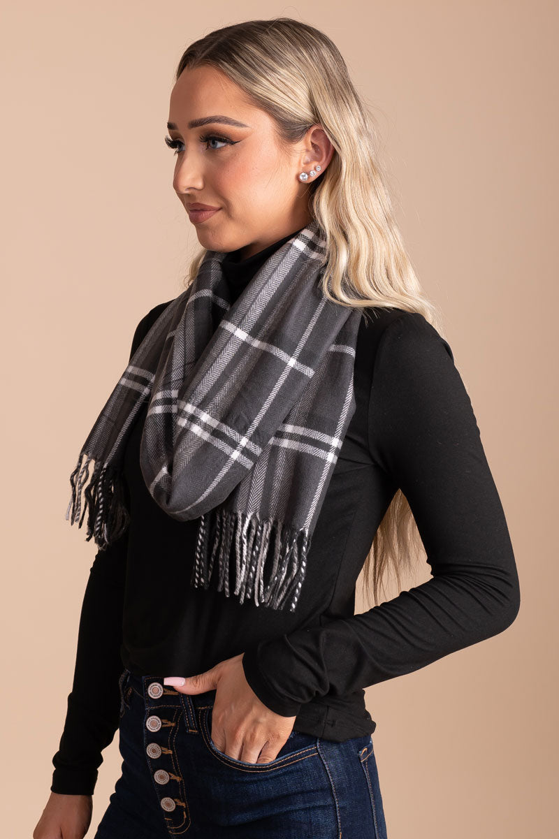 boutique women's light gray plaid fringe scarf