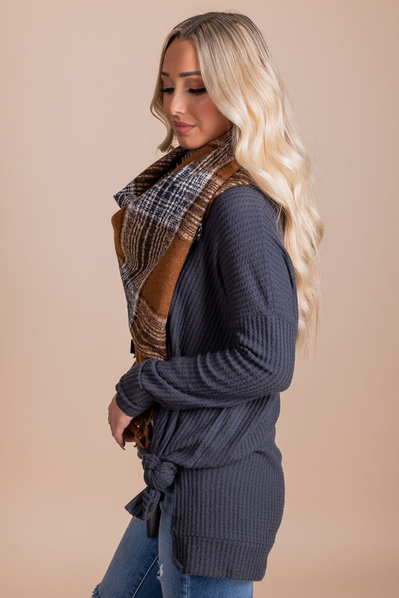 boutique dark gray long sleeve waffle top