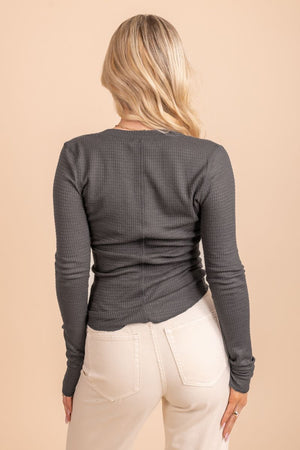 gray long sleeve waffle knit top