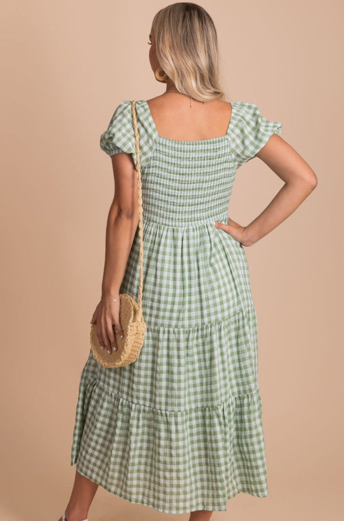 Green Midi Dress with with Smocked Back and Tiered Skirt