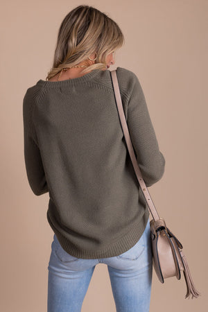 boutique women's olive green pullover crewneck sweater